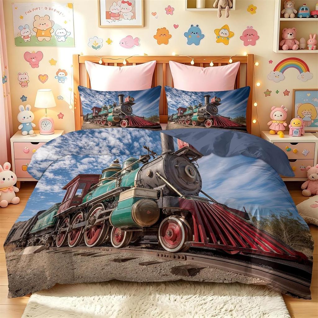 Train Kids Boys Duvet Cover Retro Steam Engine Bedding Set for Teens Railway Track Transport Comforter Quilt Cover Room 2Pcs