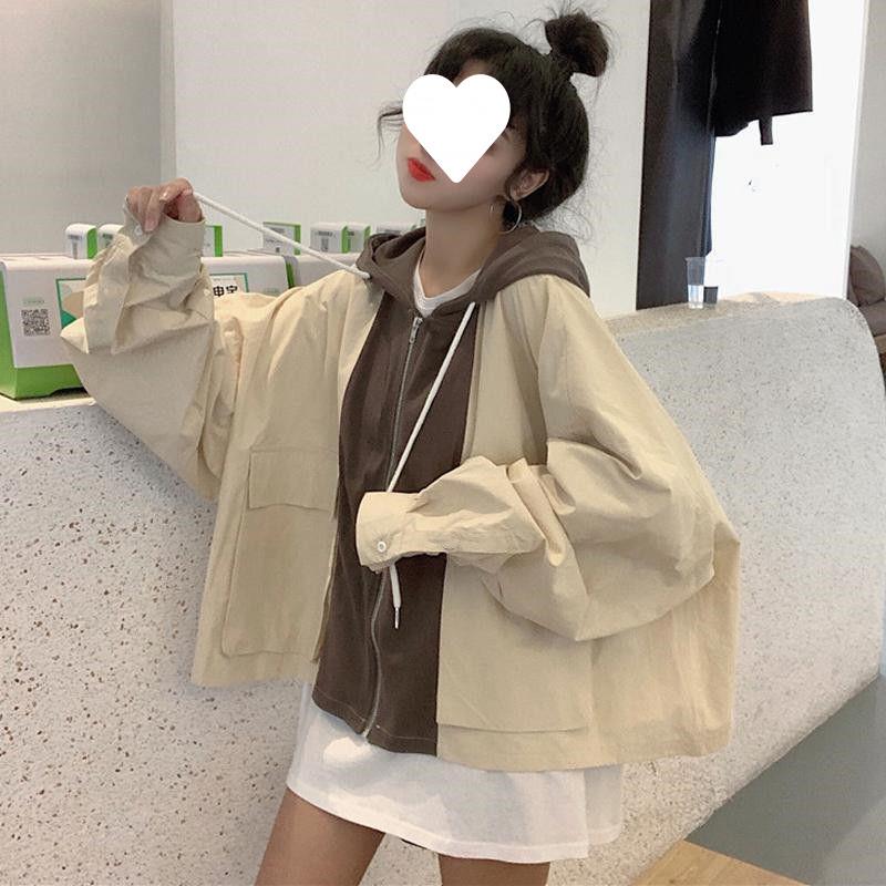 2025 New Women's Korean Style Hooded Retro Patchwork Jacket - Spring/Autumn, Loose Fit, Short, Student Workwear Style
