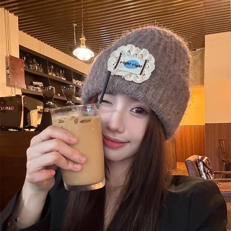 Label Knitted Hat Winter Thickened Warm Woolen Hat Fashion Versatile Lace Cloth Label Hat
