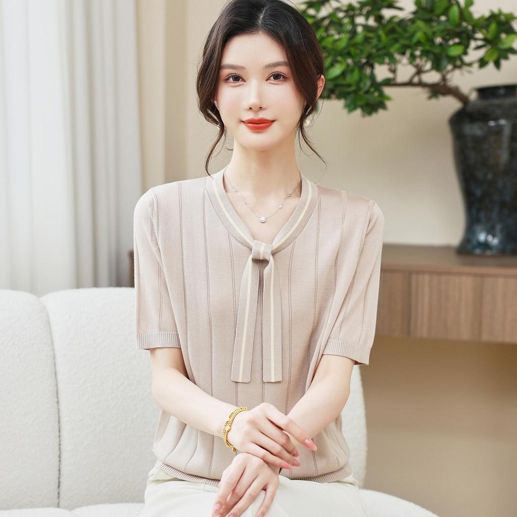 Ice Silk V-Neck Knitted Top - Women's Plus Size Summer 2026 Arrival, Elegant Streamer Design, Age-Reducing, High-End Feel