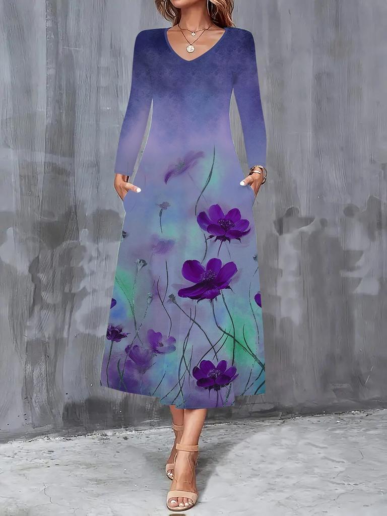 2025 Autumn and Winter New Women Casual Fashion Dress Autumn 3D Flower Print Long Sleeve V-Neck A-Line Dresses