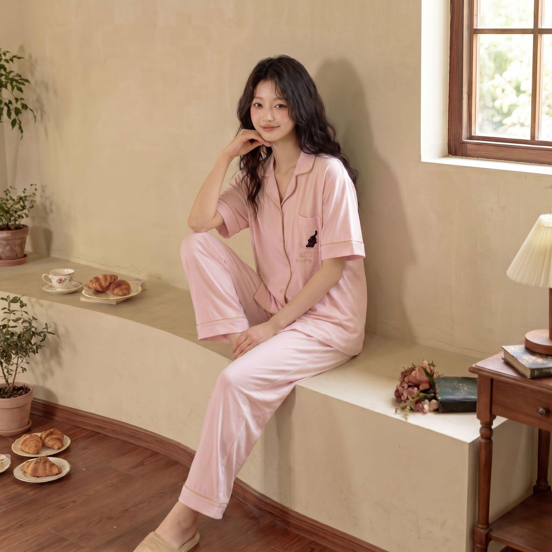 Sweet Pink Antibacterial Cotton Pajamas for Women, Short Sleeve Long Pants Cardigan, Spring/Summer Homewear M (Antibacterial Xinjiang Cotton)