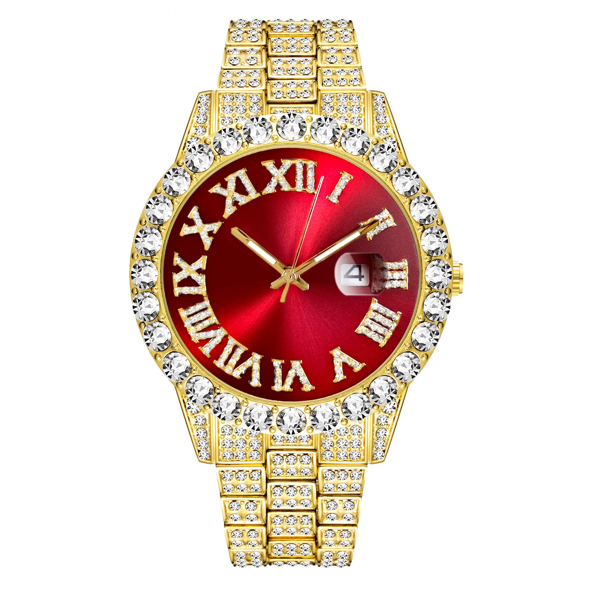 Stainless Steel Quartz Watch with Roman Numerals and Rhinestones