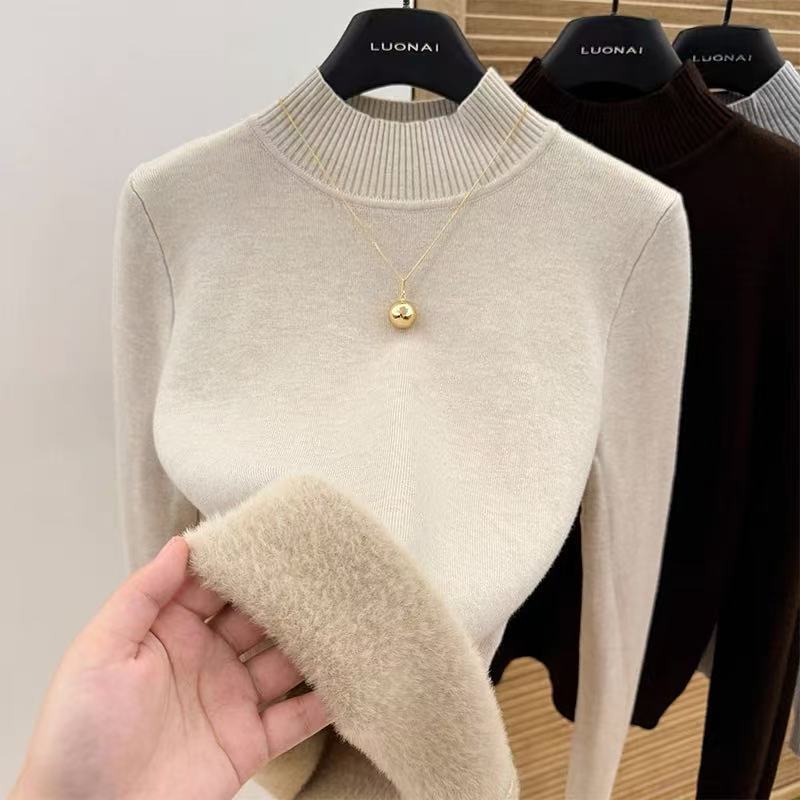 Jednodílný fleecový svetr pro ženy Pulovr s polovyvýstřihem Pletený top pro ženy s přidaným fleecem a zateplením Podzim a zima