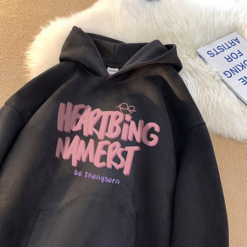 Unisex Heavyweight Fleece Hoodie With Letter Print Soft Suede-like Fabric Oversized Fit Winter Streetwear