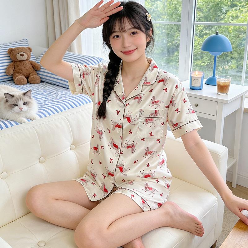 Sweetheart Girl Wind Ice Silk Pajamas Short-Sleeved Set Summer Thin Silk Texture Cardigan Loungewear Can Be Worn Outside