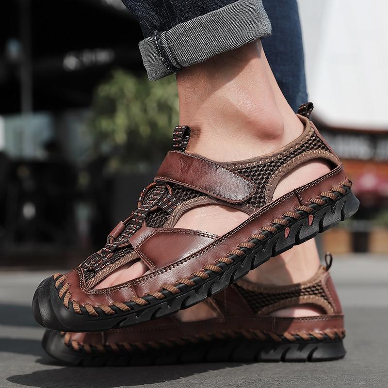 Black Summer Leather Sandals Men Big Size 48 Breathable Beach Shoes Man Outdoor Non-slip Men's Sports Sandals Sandalias Hombre