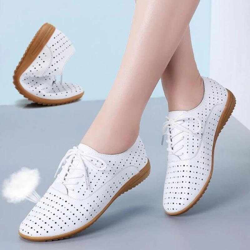 Women Hollow Shoes High Quality Casual Small Leather Shoe Soft Bottom Comfort Flats Moccasins Lace Up Oxford Shoes Women Loafers
