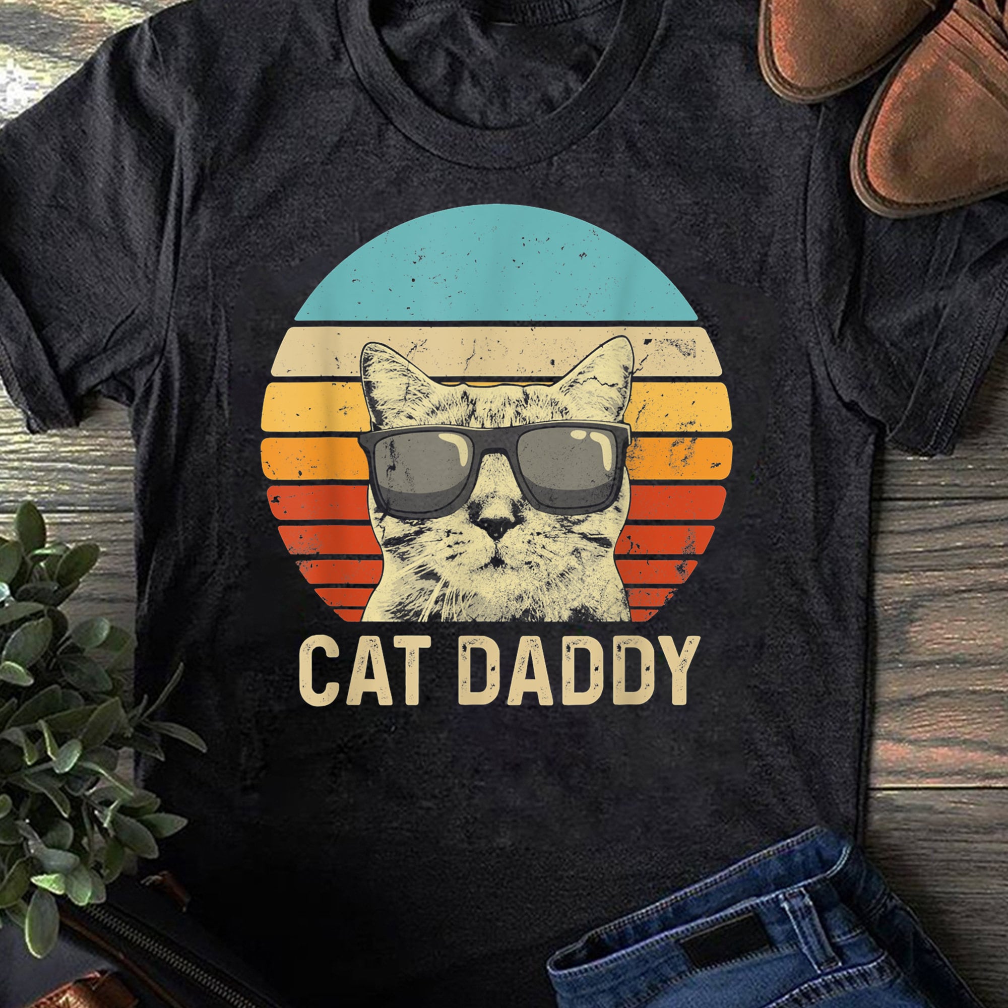 Mens Vintage Cat Daddy Shirt Funny Cat Lover Gift Cat Dad Women Men T Shirts S чёрный