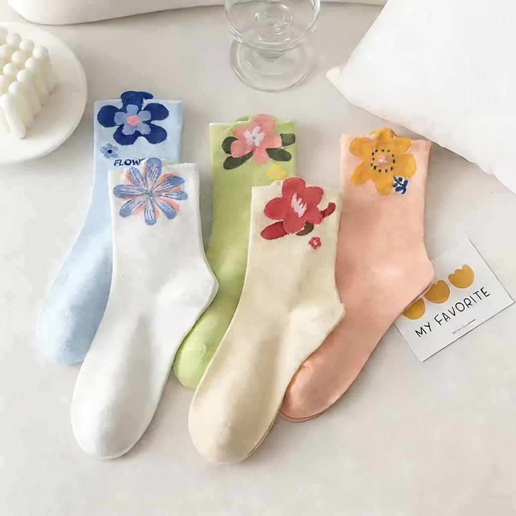 5 Pairs Women's Korean Style Long Socks, Cute Japanese Aesthetic Mid-Calf Socks, Colorful Floral Pattern