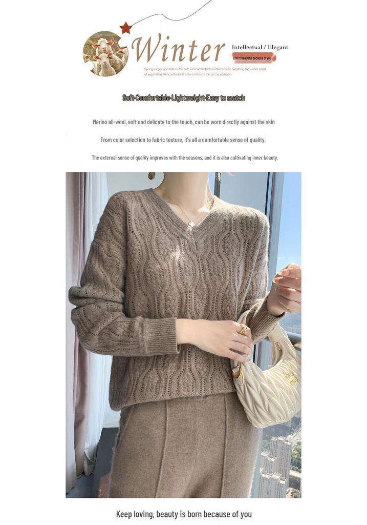Women's V-Neck Cable Knit Wool Sweater - Loose Casual Fit for Autumn and Winter