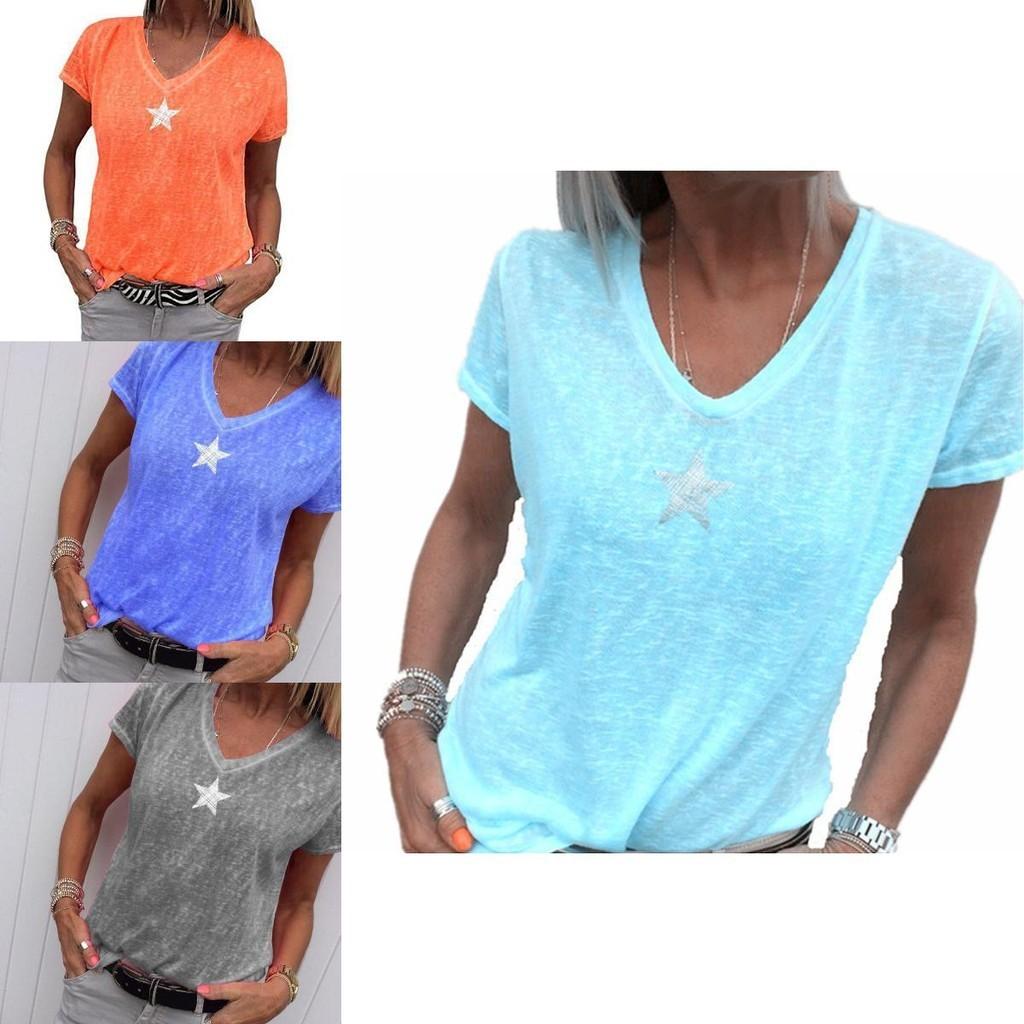 Stylish Women V-neck T-shirt Casual Loose Star Summer Shirts Solid Short Sleeve Perfect For Outdoor Activities