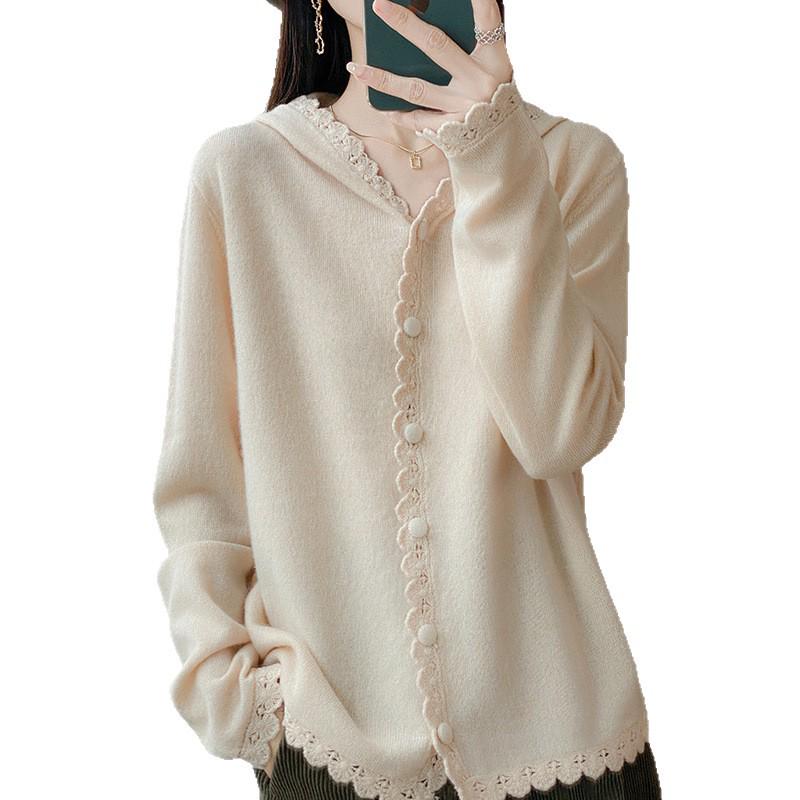 Autumn/Winter 2025 Slimming Lace Hooded Knit Cardigan - Versatile Long-Sleeve Stylish Casual Outerwear.