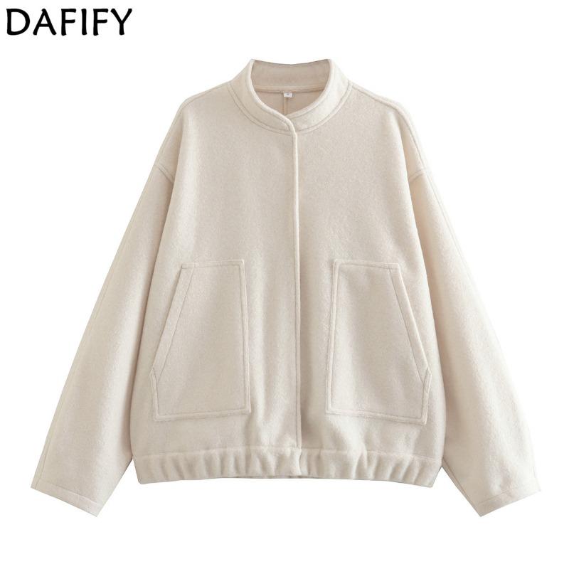 DAFIFY Women's Fashion Casual Solid Color Print Autumn Winter Long Sleeve Stand-Neck Jackets & Coats