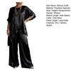 Damen 2-teilige Satin-Outfits Halbarm Asymmetrischer Saum Oberteil Weite Hosen Sets Sommer Lockere Lounge-Sets