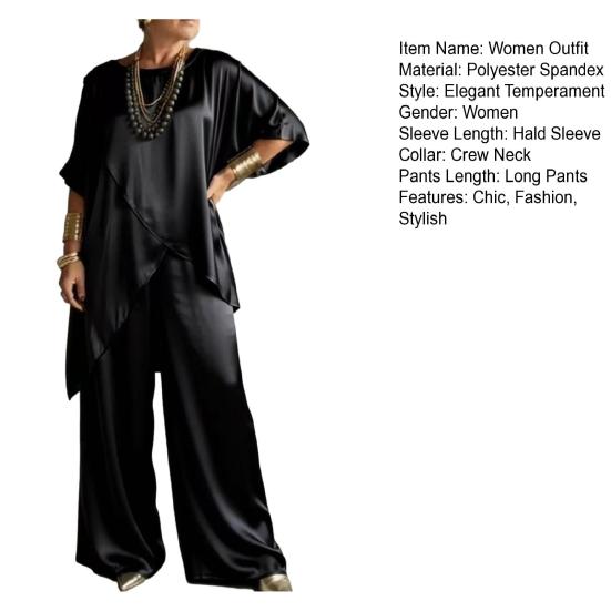 Damen 2-teilige Satin-Outfits Halbarm Asymmetrischer Saum Oberteil Weite Hosen Sets Sommer Lockere Lounge-Sets