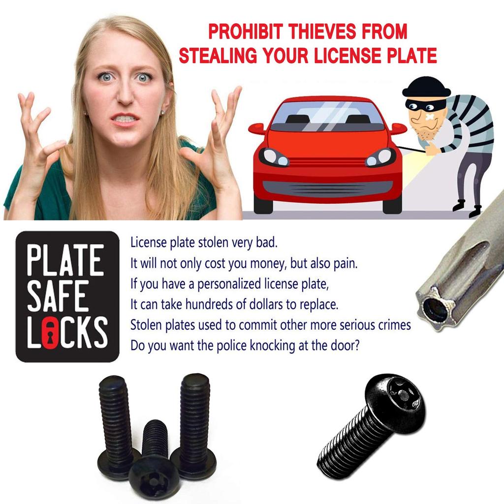 Aootf Anti Theft License Plate Screws- Black Bolts For Locking Car Tag, Frame And Cover, Mounting Hardware Kit For Front/Rear, M6 Stainless Steel