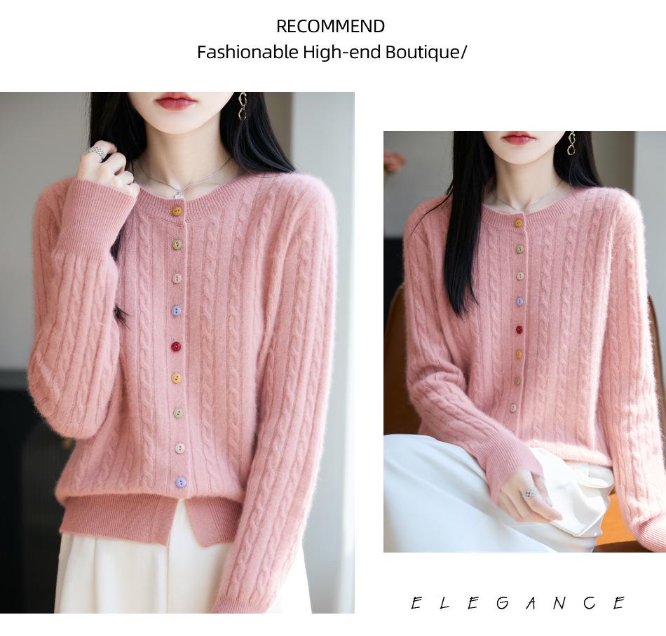 Women's 100% Pure Wool Cardigan with Colorful Buttons, Cable Knit, Loose Fit, Round Neck, Long Sleeve Base Layer Sweater