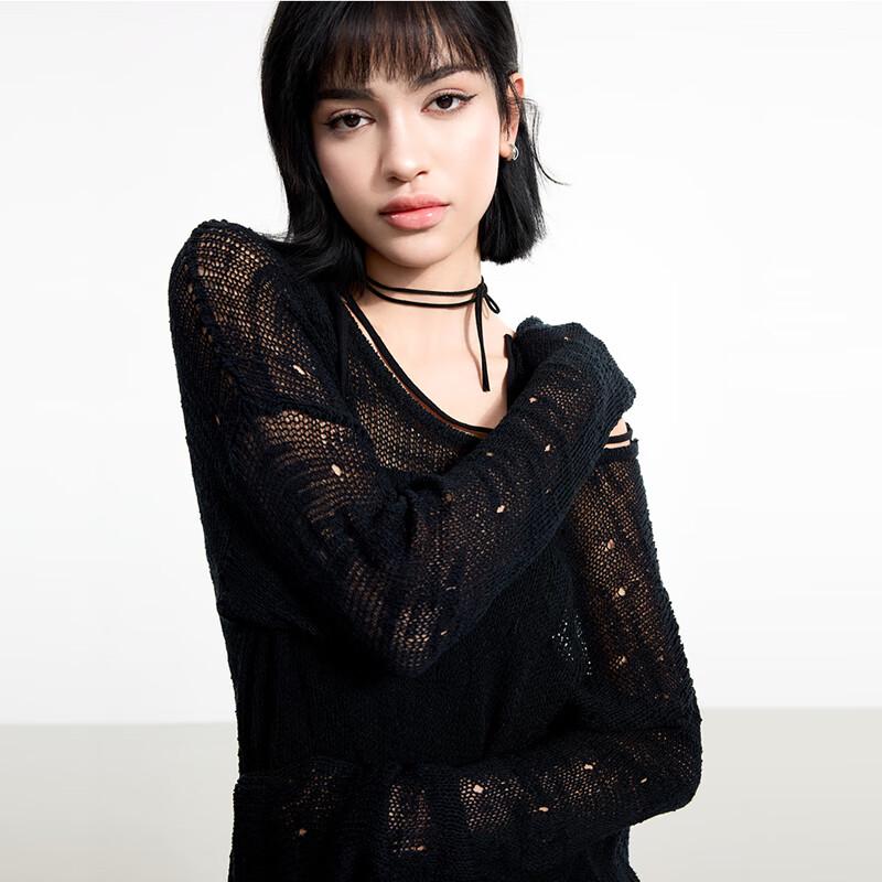 Jinyujie 2025 Spring Women's Sheer Hollow-Out Knit Long Sleeve Top