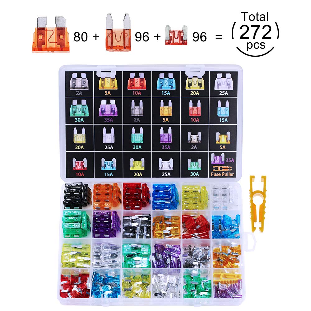 Winlyn 272Pcs - Car Blade Fuses Assortment Kit, Automotive Fuses - Standard & Mini & Low Profile Mini (2A/ 5A/ 10A/ 15A/ 20A/ 25A/ 30A/ 35A), Car