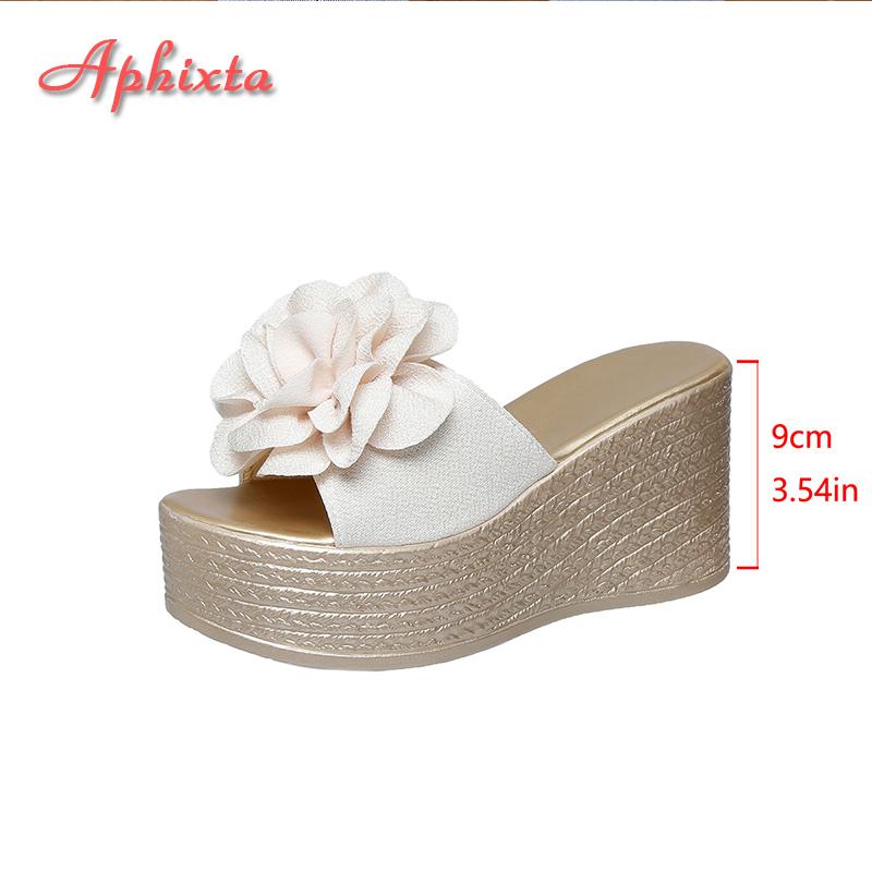 Fashion Aphixta Gold Sole Wedge Heels Slippers 9cm Super High Flower Mulers 4cm Platform Sandals Clog Shoe Slides Plus Size 43