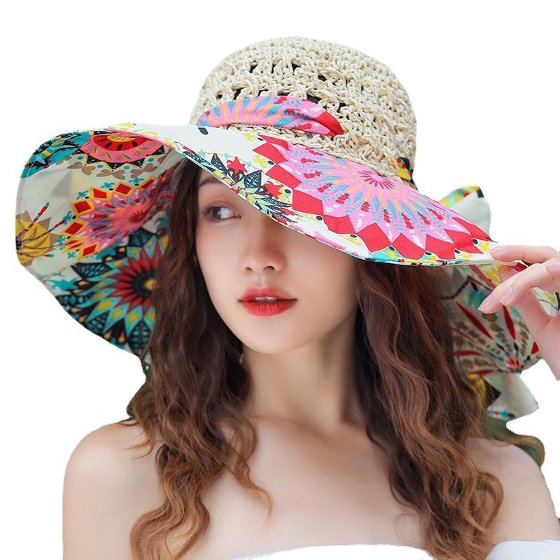 Cappello di Paglia Donna Protezione Solare Ombrellone Spiaggia Mare Ampia Falda Stile K Vacanza Viaggio Cappello Sole Cappello Anti-sole