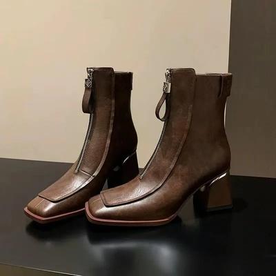 Fashion Women's Boots Hot Selling French Square Toe Short Boots Autumn and Winter Workplace Soft Leather Fashion Martin Boots for Women