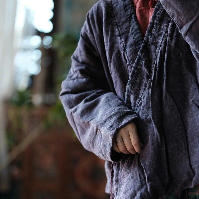 Johnature Women Vintage Belt V-Neck Parkas Long Sleeve Plus Cotton Coats Winter Dark Purple Women Linen Parkas