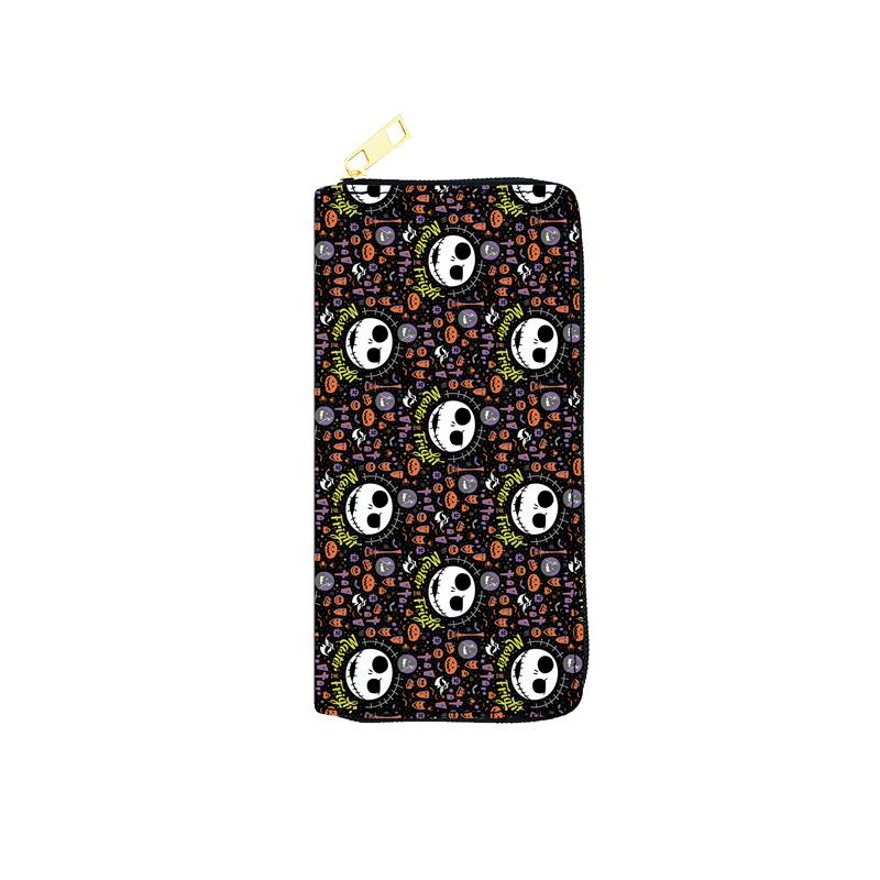 Nightmare Before Christmas PU Long Zip Wallet for Women Single Zipper Clutch Cosmetic Bag Jack Skellington Print Black 3pcs