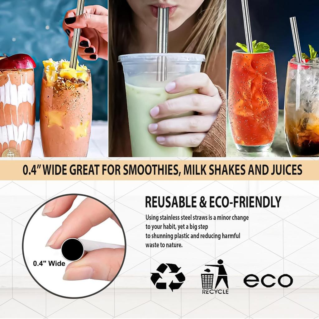 Stainless Steel Smoothie Straws, 0.4'' Extra Wide Reble Metal Drinking Straws for Milkshake, Smoothie, Bubble Tea, Juice, Beverage, Set of 4 with 2