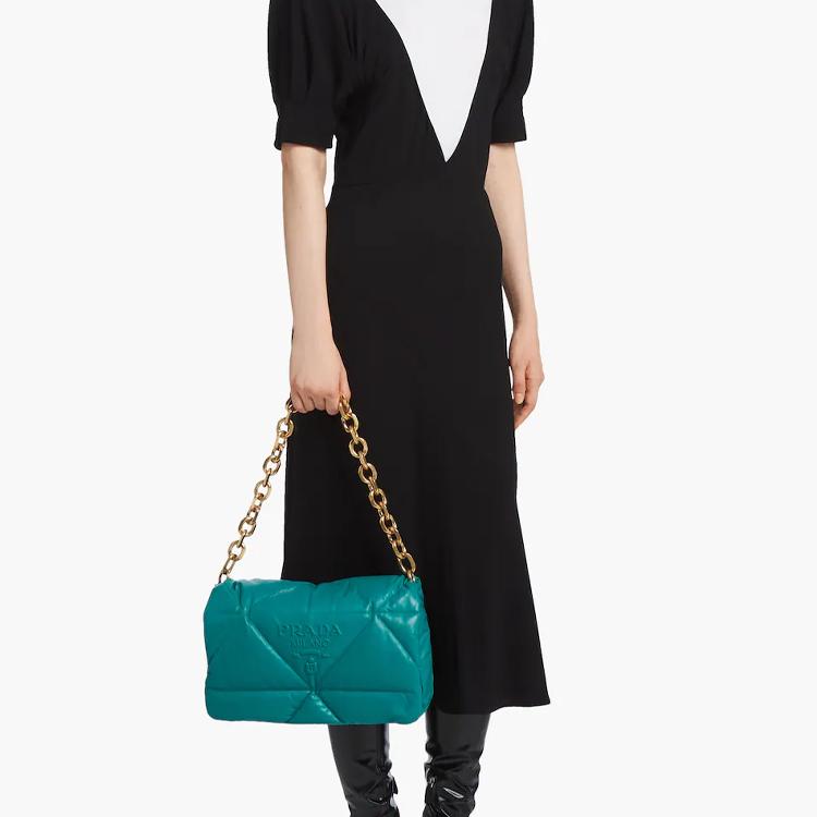 Prada Nappa Leather Soft Padded Quilted Patchwork Pattern Metal Chain Shoulder Crossbody Bag Women Bags Peacock-Blue 1BD306-2DYI-F0363-V-VAM