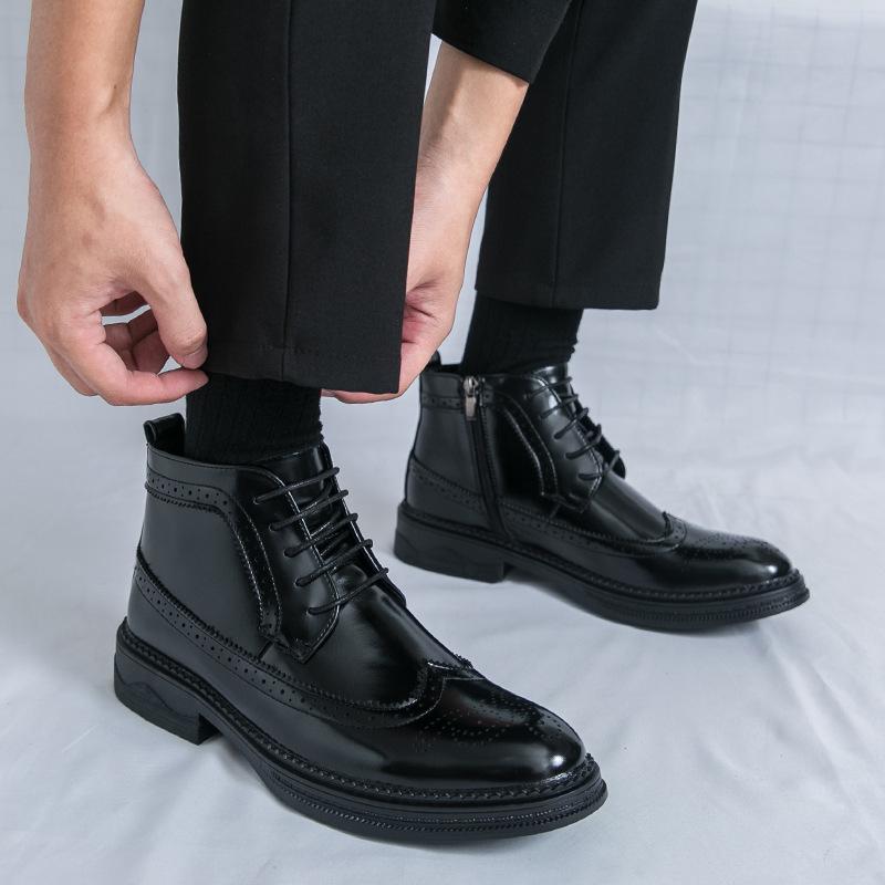 Brogue Martin Men's Autumn Pointed Toe High-Top Leather Chelsea Boots - European & American Mid-Calf Style