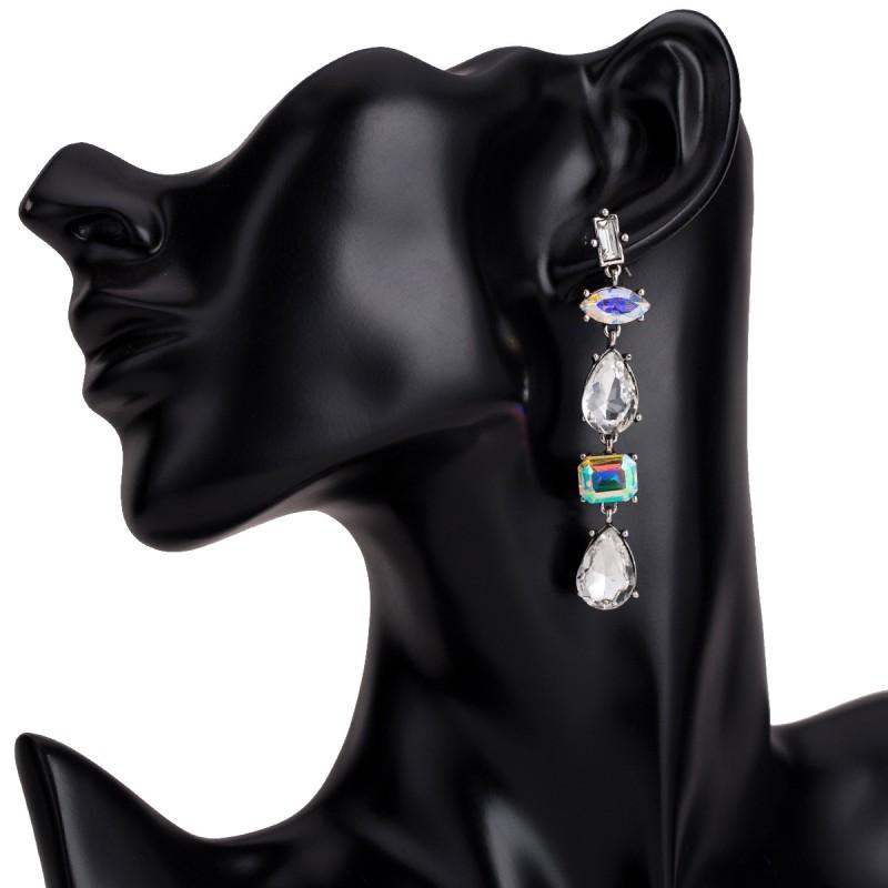 Multi-Layer Crystal Rhinestone Earrings Bohemian Style Geometric Drop Women Fashion Statement Jewelry White