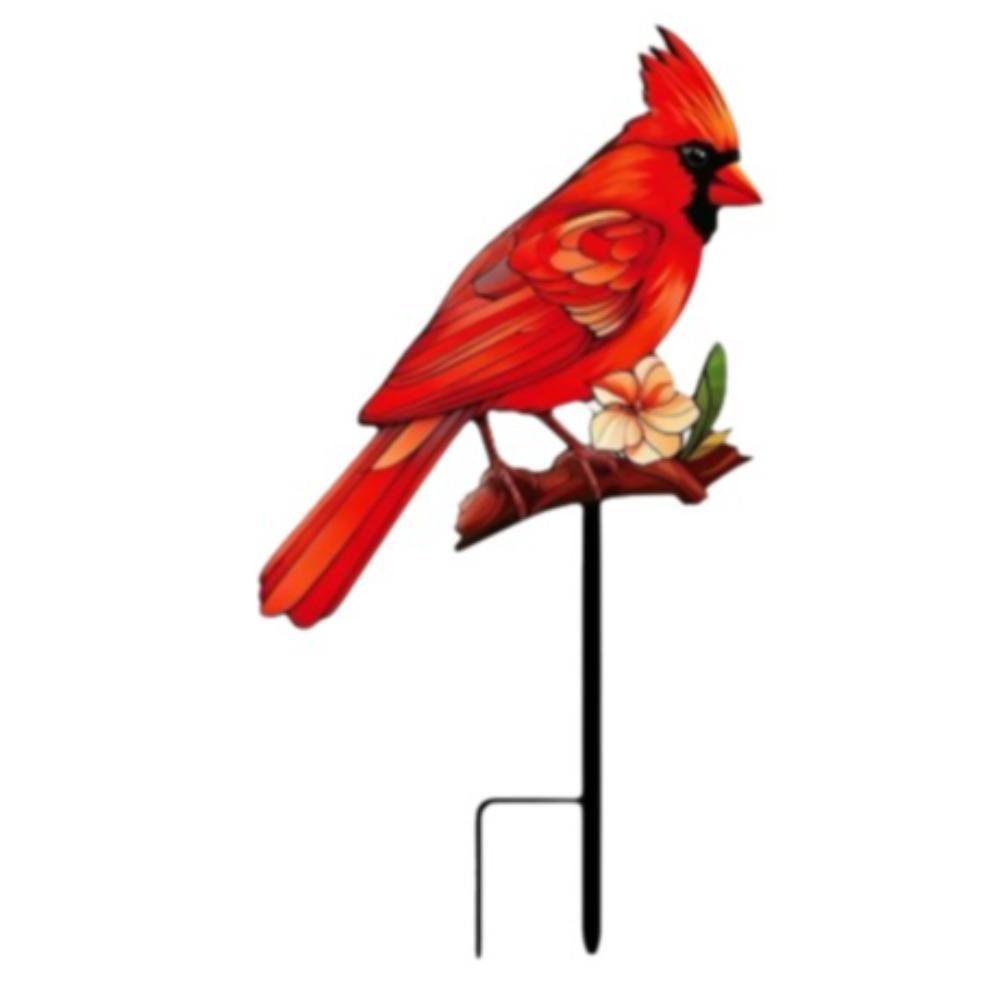 2D Flat Red Bird Garden Stake Iron Handmade Flower Branch Ground Plug Animals Pattern Funny Outdoor Yard Art Yard Ornament
