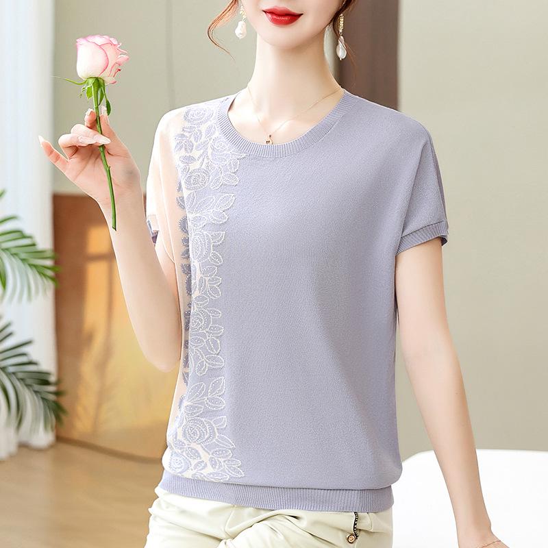 Mid-Age Women's Color Block Ice Silk Batwing Sleeve Loose Knit Top