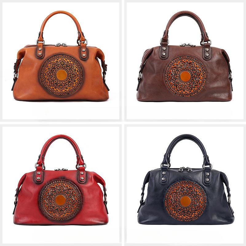 Women's Business Handbag Top Layer Cowhide Commuter Shoulder Bag Large Capacity Dumpling Bag Retro Totem Genuine Leather Women's Bag