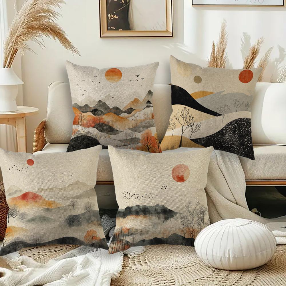 Boho Mountain Watercolor Art Print Pillowcase Wedding Decorative Linen Pillow Case For Home Pillow Cover 45X45(One Sides)
