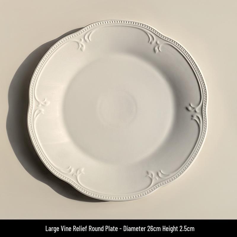 Attitude Life French Light Luxury Pure White Embossed Ceramic Dinnerware Set - Dessert & Western Food Plates.