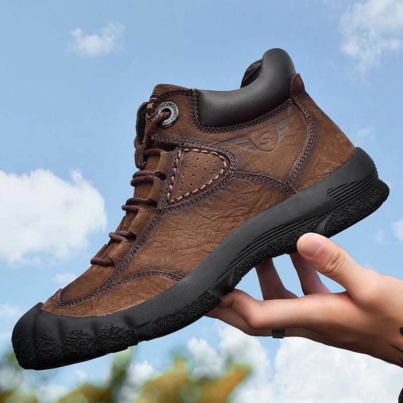Winter New Velvet Men's Shoes Genuine Leather Tooling Leather Men's Outdoor Hiking Shoes Waterproof Casual High-top Men's Leather Shoes