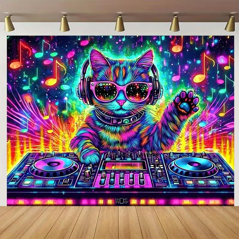 

2D Psychedelic DJ Cat Backdrop, Neon Music Kitty Photo Background for Studio 47.2x31.5inch/120*80cm