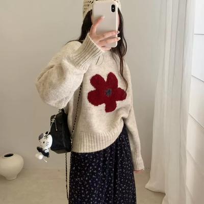 Kamelwolle Blumen-Jacquard Rundhals Strickpullover Damen Herbst und Winter neu lässiger Wind Pullover Oberteil