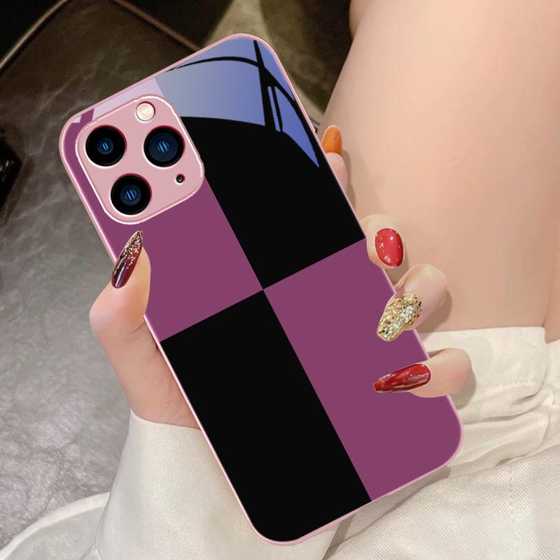 Schwarz-Weiß-Gitter Lila Für IPhone 16 Pro Max 15 Pro 14 13 12 Mini 11 XS Max XR 7 8 Plus SE 2022 Gehärtetes Glas Handyhülle