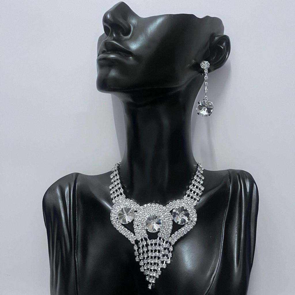 Sparkly Rhinestone Tassel Necklace & Earrings Set for Women - Elegant, Trendy, Versatile