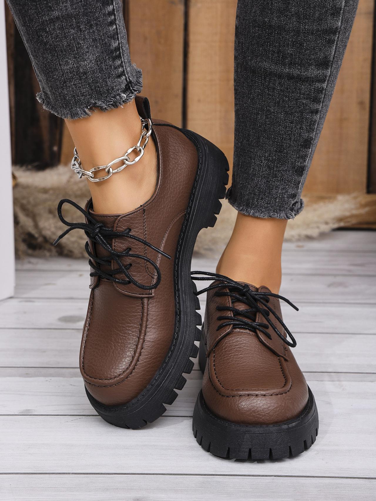 

Лоферы большого размера на платформе в британском стиле, женские, весна 2025, новые, на толстом каблуке, в стиле ретро, на шнуровке, профессиональные, маленькие кожаные туфли 43 коричневый