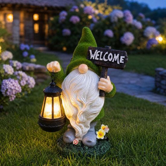 Luce Solare da Giardino Gnomo, Statua di Gnomo da Esterno con Lanterna, Lampada Solare Impermeabile a Forma di Gnomo per Cortile, Patio, Prato, Terrazza