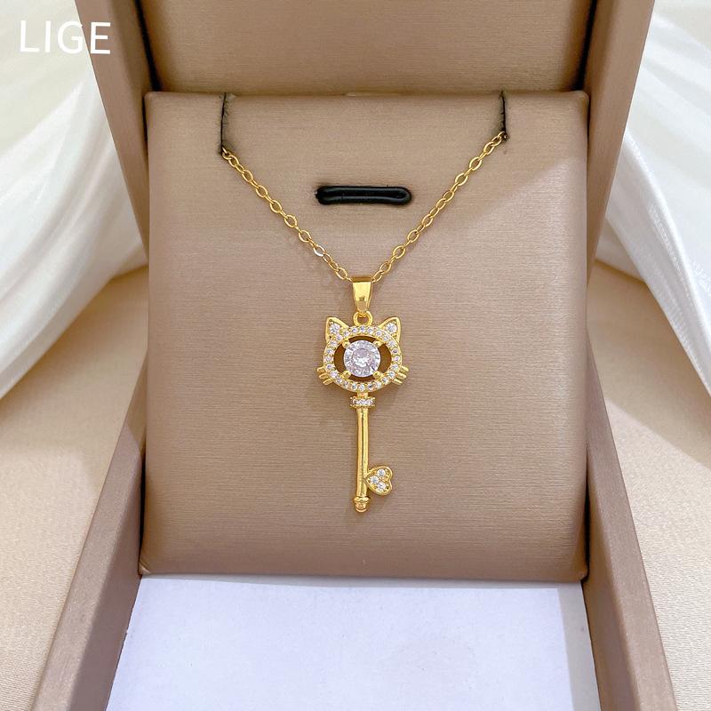 Cat Key Zircon Light Luxury Temperament Gorgeous Full Diamond Necklace Female Versatile Collarbone Chain Titanium Steel Chain