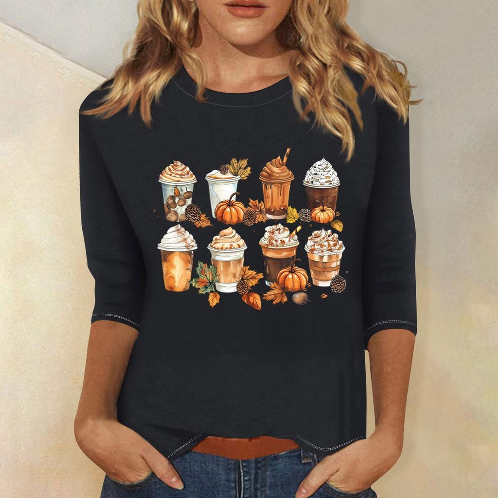Women's Fashion Casual Three-quarter Sleeve Halloween Printed Round Neck Top
