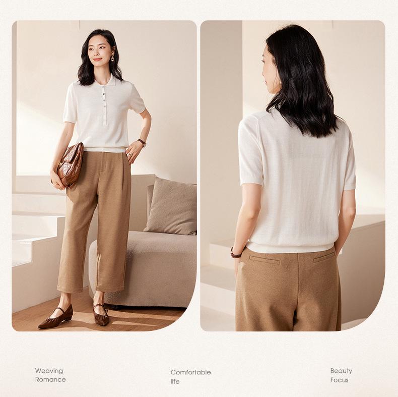 2024 Autumn Women's Cashmere Half-Button Slimming Sweater with Korean Style Five-Point Sleeves