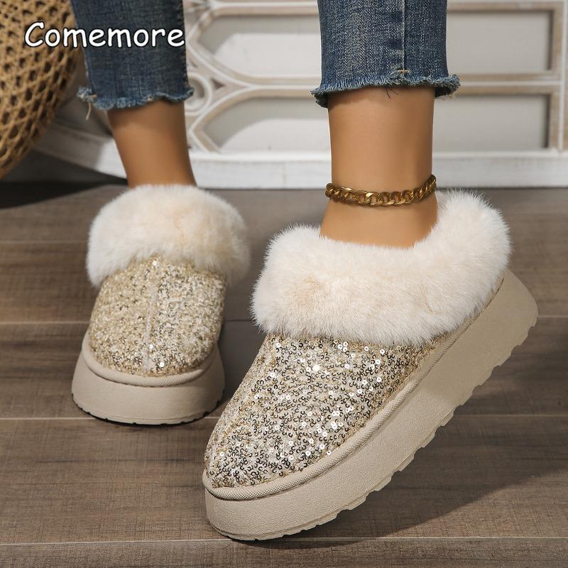 

Модные блестящие ботильоны с пайетками для женщин, удобные ботинки из искусственного меха на толстой подошве с нескользящей подошвой, зимние утепленные плюшевые хлопковые ботинки, женские боты 44 золотой
