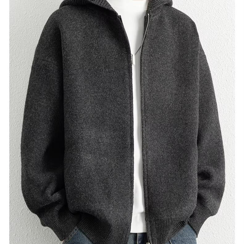 Legible Autumn Winter Casual Sweaters Men Solid Color Hooded Sweatercoats Male Loose Zip-up Knitted Cardigan Man